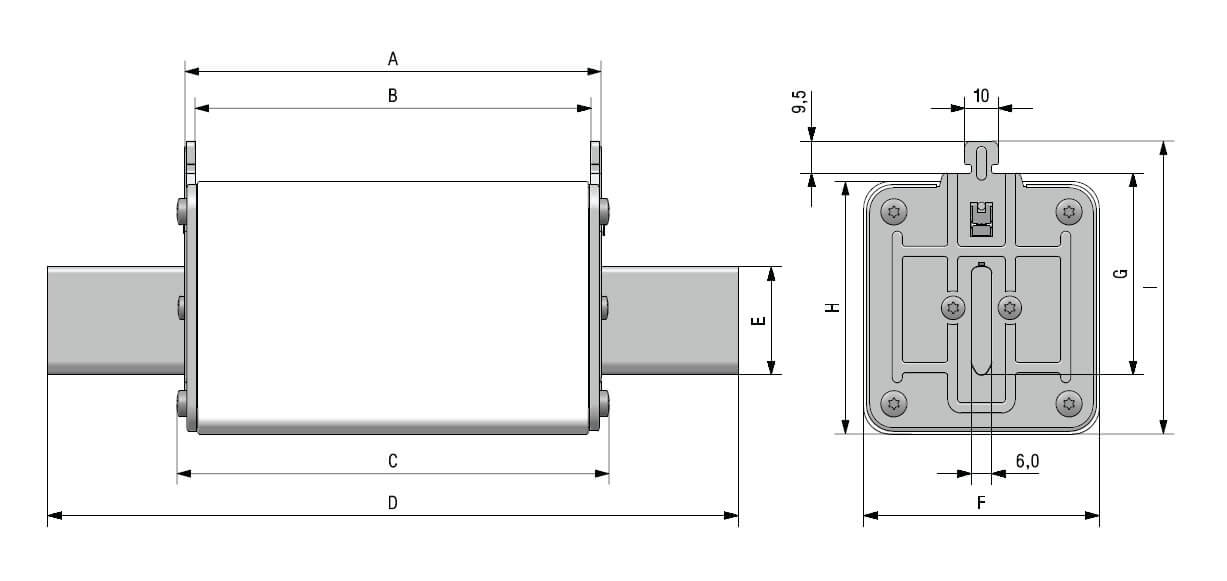 Dimensions fusible NH2 XL gBAT 1500V DC